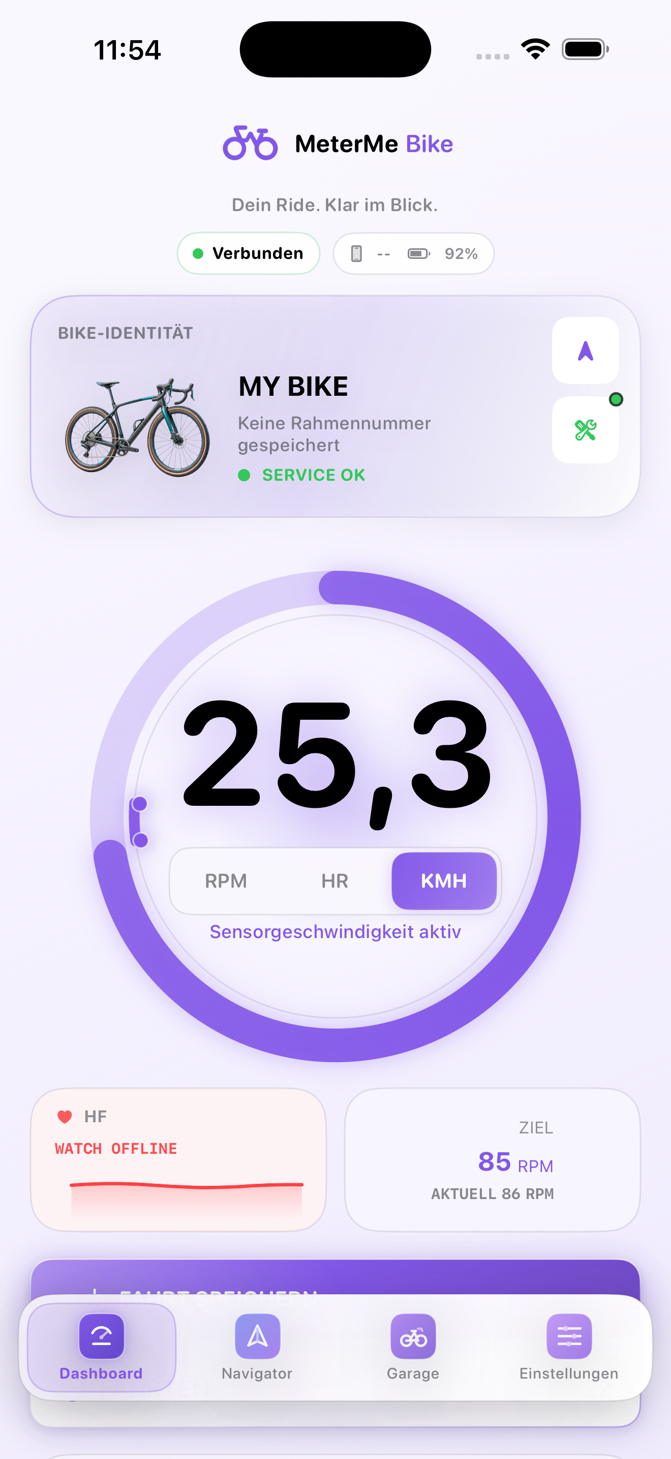 Aktuelles Dashboard von MeterMe Bike mit Live-Geschwindigkeit