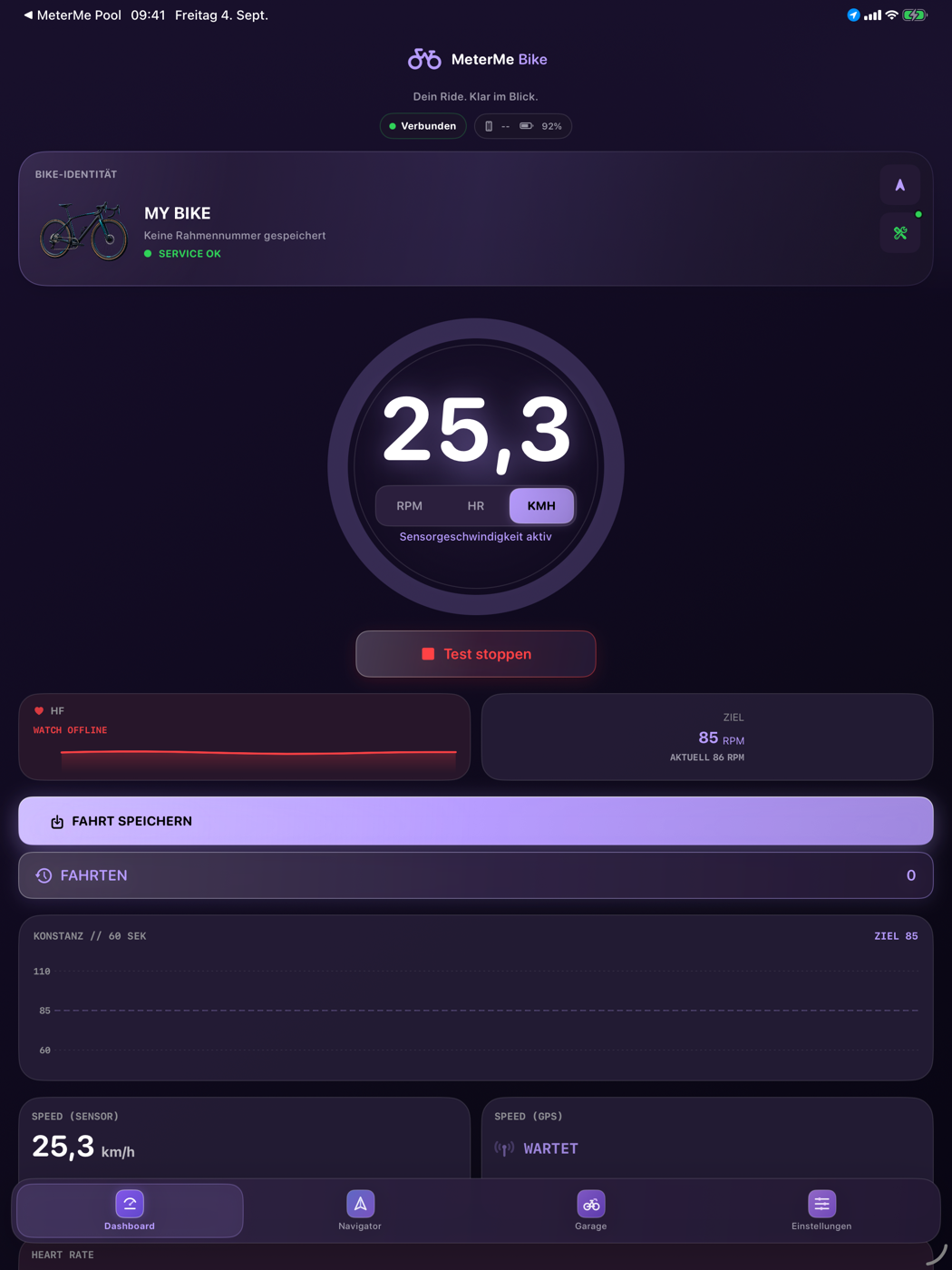 Aktuelles iPad-Dashboard von MeterMe Bike mit Live-Geschwindigkeit