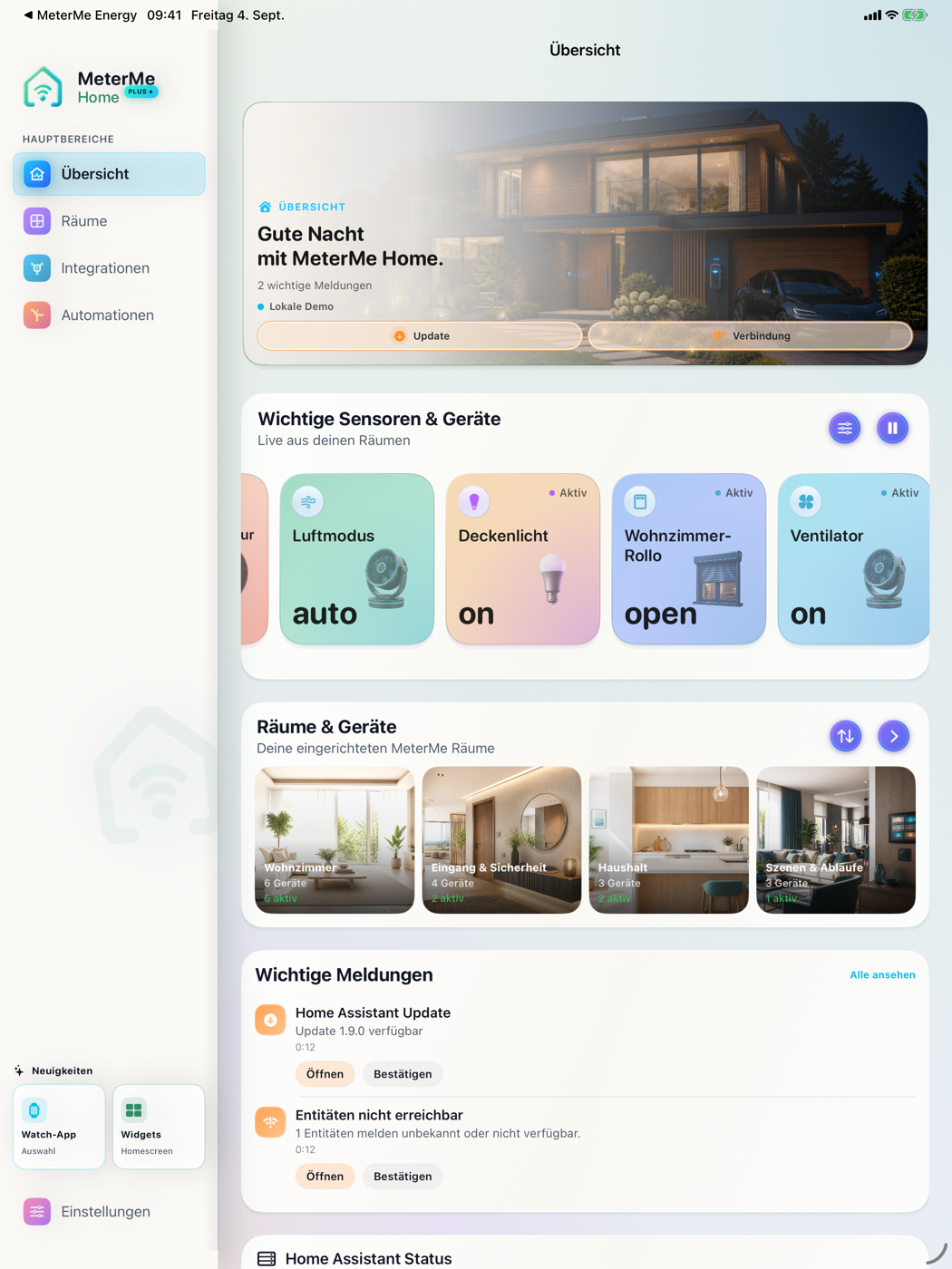 Aktuelle iPad-Übersicht von MeterMe Home