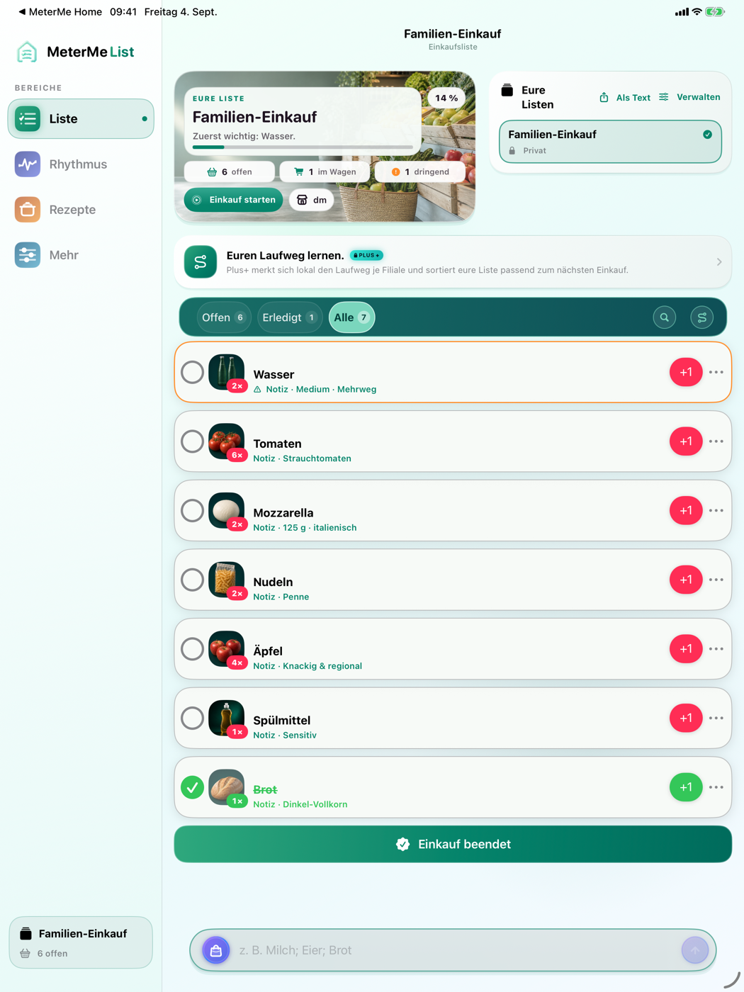 Aktuelle Einkaufsliste von MeterMe List auf dem iPad