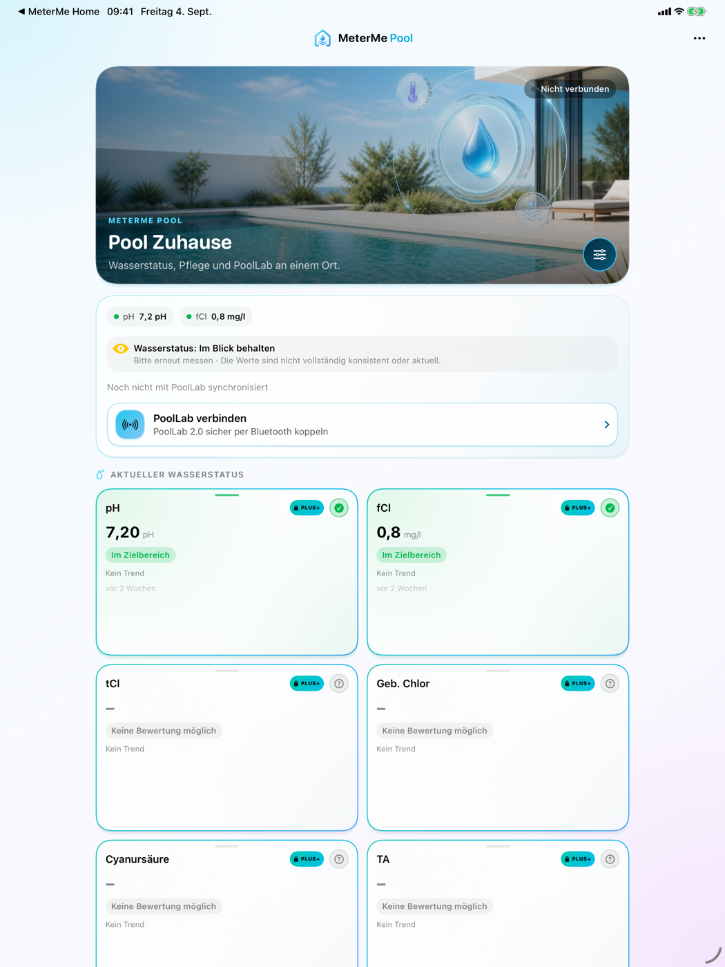 Aktuelle iPad-Übersicht von MeterMe Pool